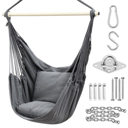 Ohuhu Hanging Chair with 2 Pillows and Ceiling Hook Kit, Outdoor XL Hammock Chair for Adults & Kids up to 150kg, Hammock Swing Suspension for Indoor/Outdoor Bedroom and Garden, Gray