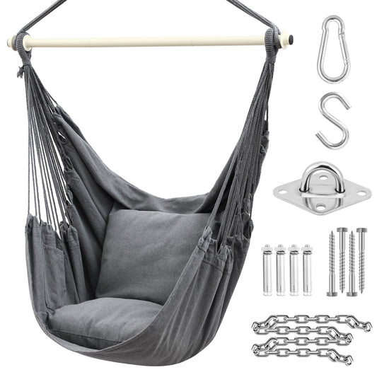 Ohuhu Hanging Chair with 2 Pillows and Ceiling Hook Kit, Outdoor XL Hammock Chair for Adults & Kids up to 150kg, Hammock Swing Suspension for Indoor/Outdoor Bedroom and Garden, Gray