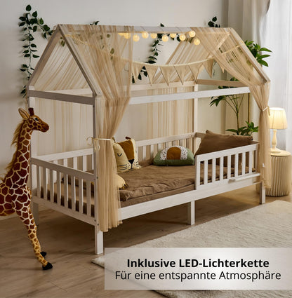 ALAVYA HOME® 4-piece house bed decor set with 2 pieces of bed canopy, 1 piece of bunting garland 300cm long for children's bed room, 100% organic cotton bunting garland 150 x 350cm with string lights in beige.