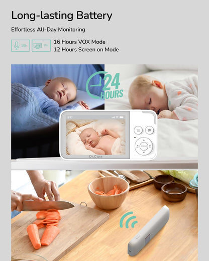 Dr.Care NeoView baby monitor with camera, 3.5" screen, video recording, 2-way audio, loop recording, night vision, VOX, temperature sensor, lullabies, no Wi-Fi, supports up to 128GB.