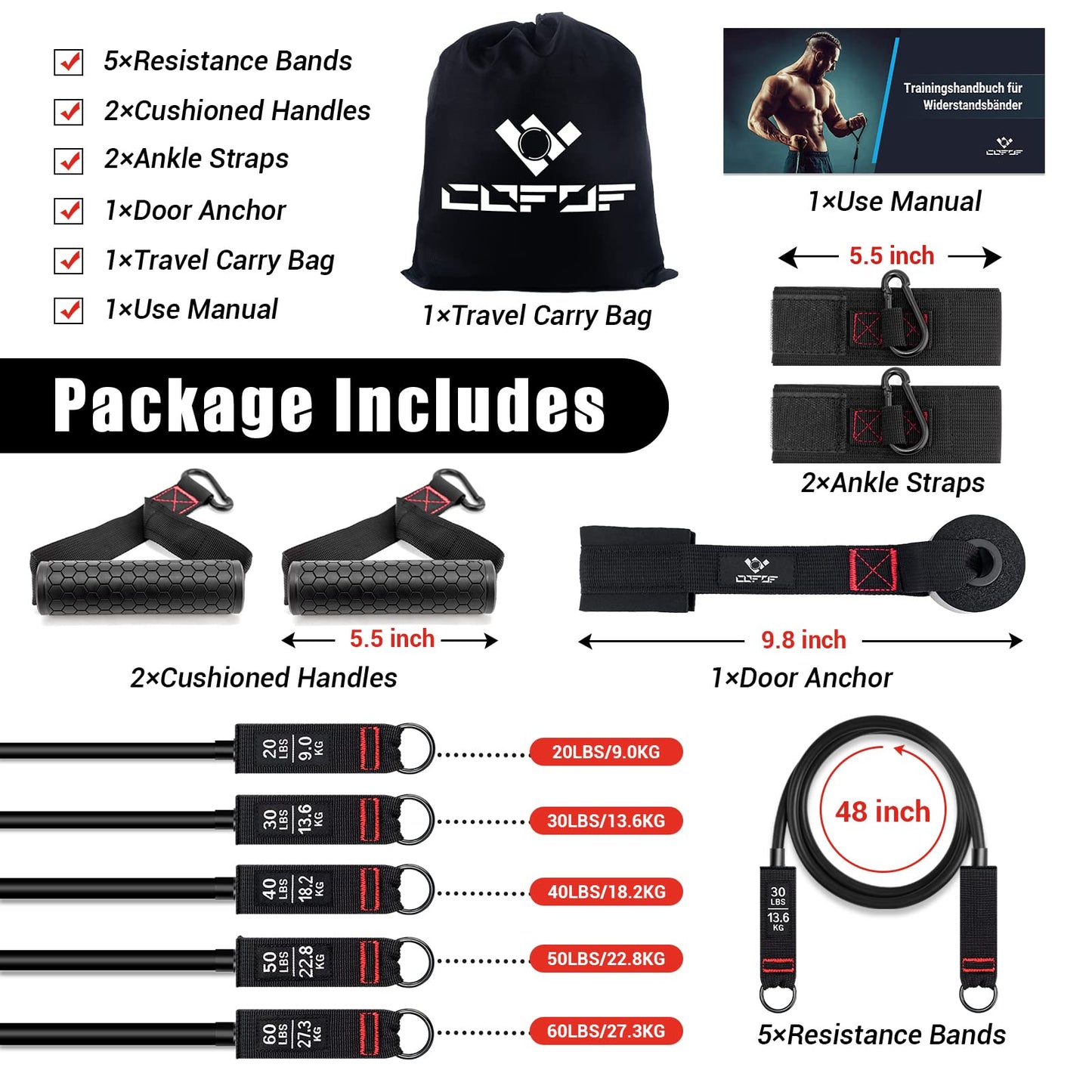 Resistance Bands Set, 5 fitness bands expander tube bands with large handle ankle strap door anchor attachment carrying bag, ideal for Pilates strength training.