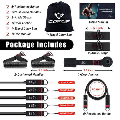 Resistance Bands Set, 5 fitness bands expander tube bands with large handle ankle strap door anchor attachment carrying bag, ideal for Pilates strength training.
