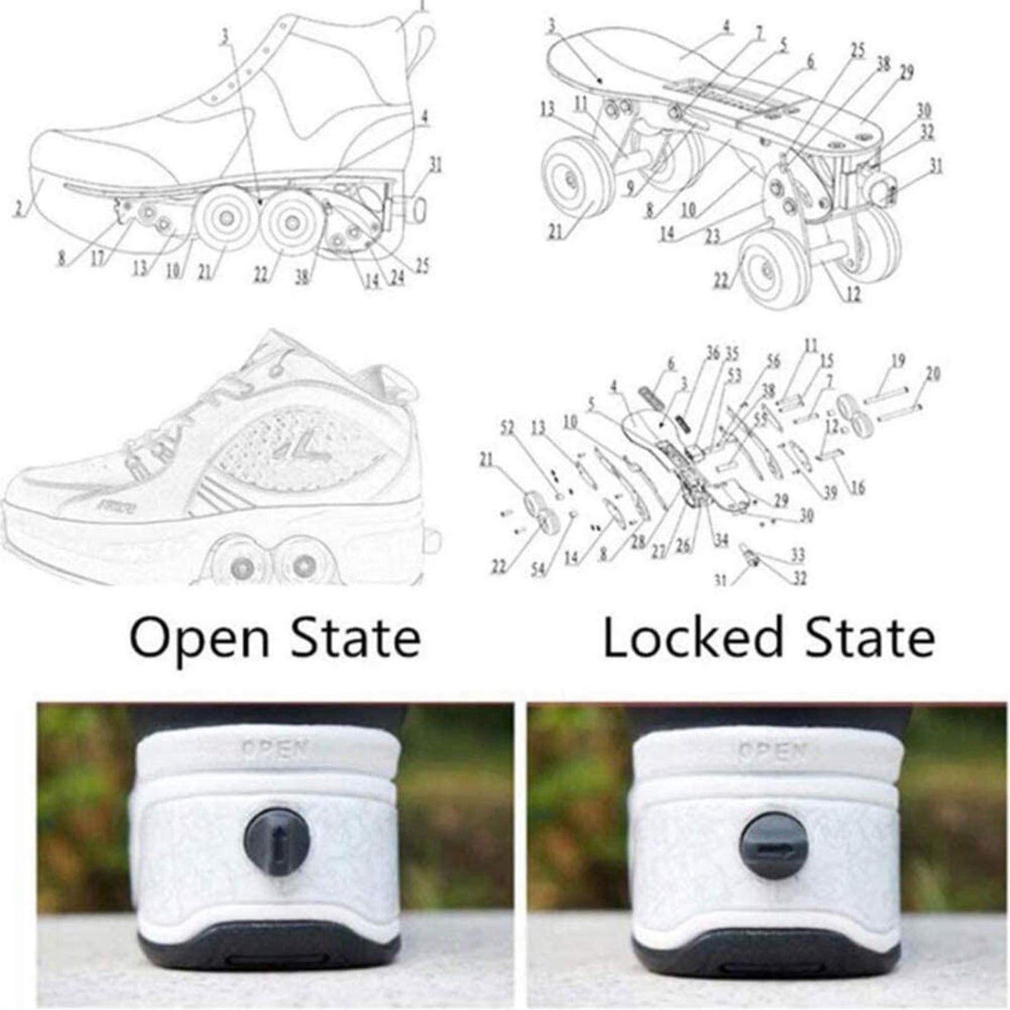 Roller skate shoes, skate shoes with wheels, inline skate, adjustable women's shoes with wheels for girls (size 38, White Silver)