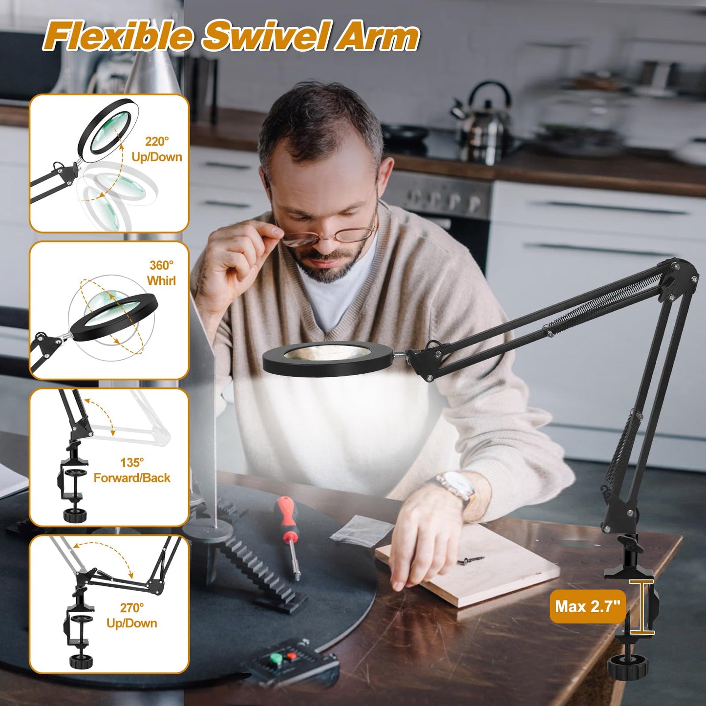 NEWACALOX Desk LED Magnifying Lamp, dimmable Super Bright Adjustable Desk Lamp with 5X Magnifying Glass, 3-color illuminated Magnifier with Daylight and Adjustable Swing Arm.