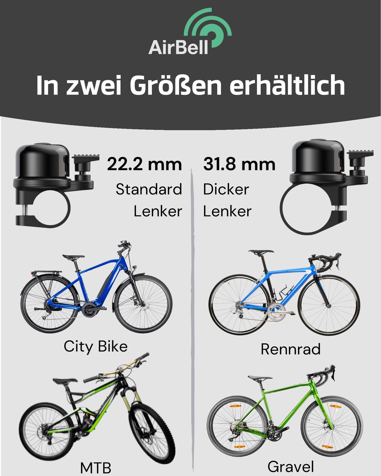 AIRBELL bicycle bell for Apple AirTag 31.8 mm diameter - bell mount hidden - bicycle anti-theft device - includes tool