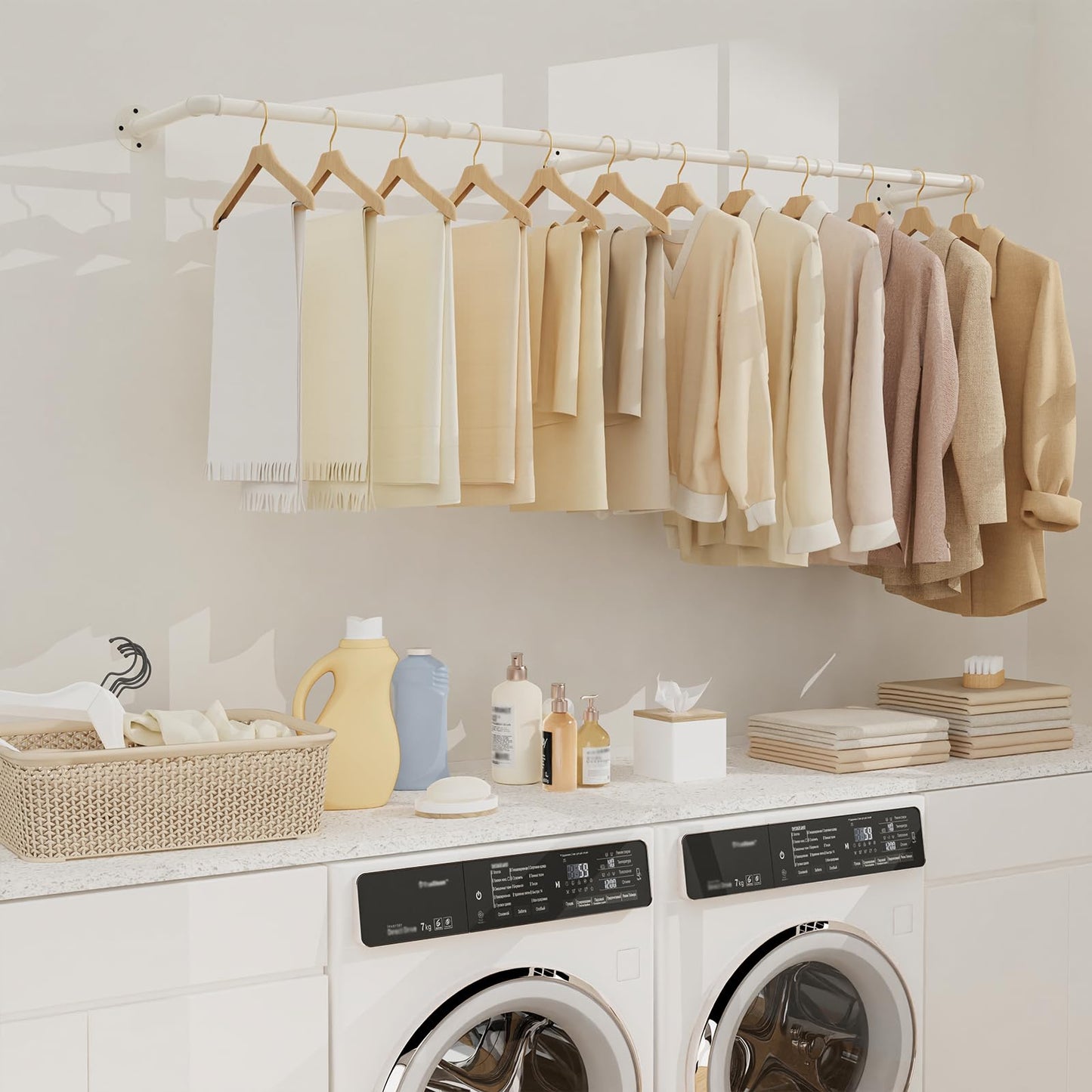 Yawinhe industrial pipe clothing racks, 180cm wall-mounted clothes hangers, space-saving wall shelf kitchen rack with 3 bases, for business, cream color, 2-pack, YMG004W-2.