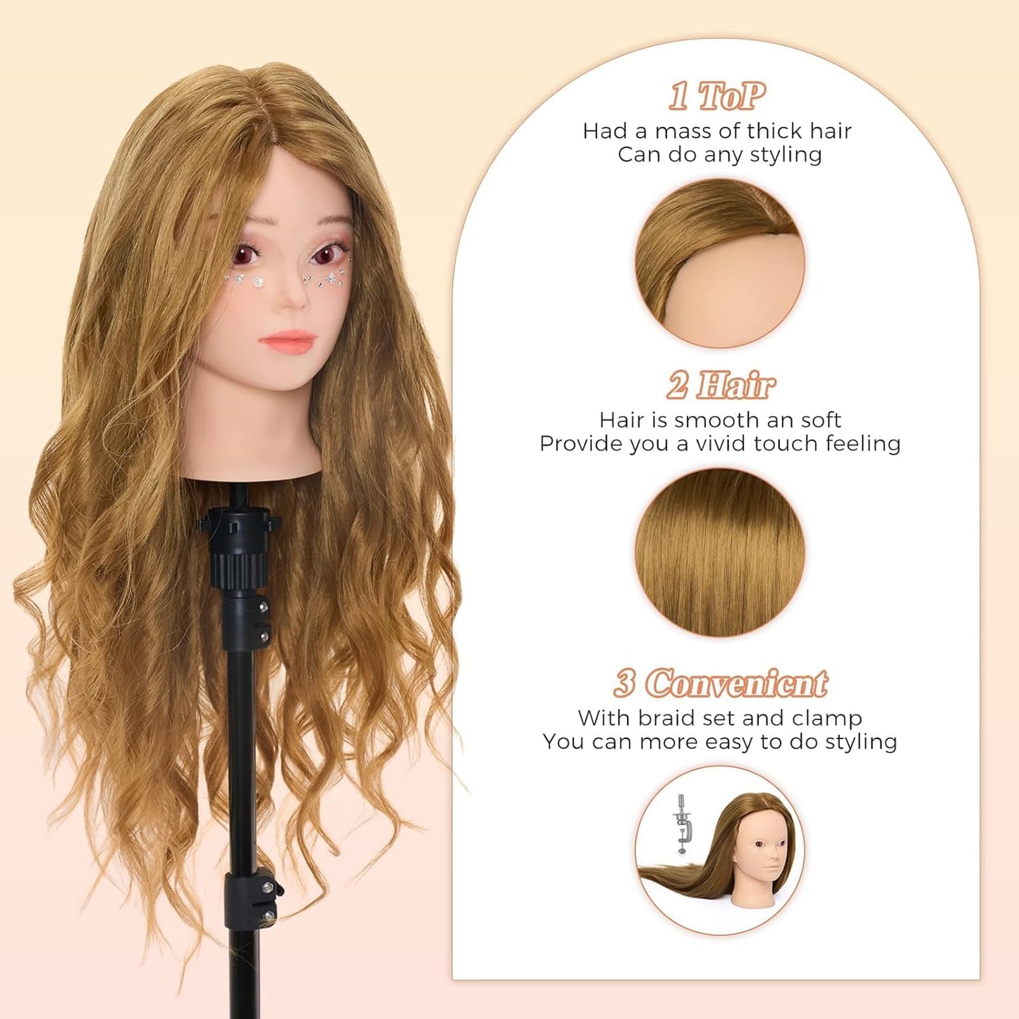 Neverland 24 inch Makeup Head Styling Head Hairdresser with Stand 50% Human Hair Practice Head Training Heads Doll Head Barber Head Training Head With Holder + Hair Styling Braid Set