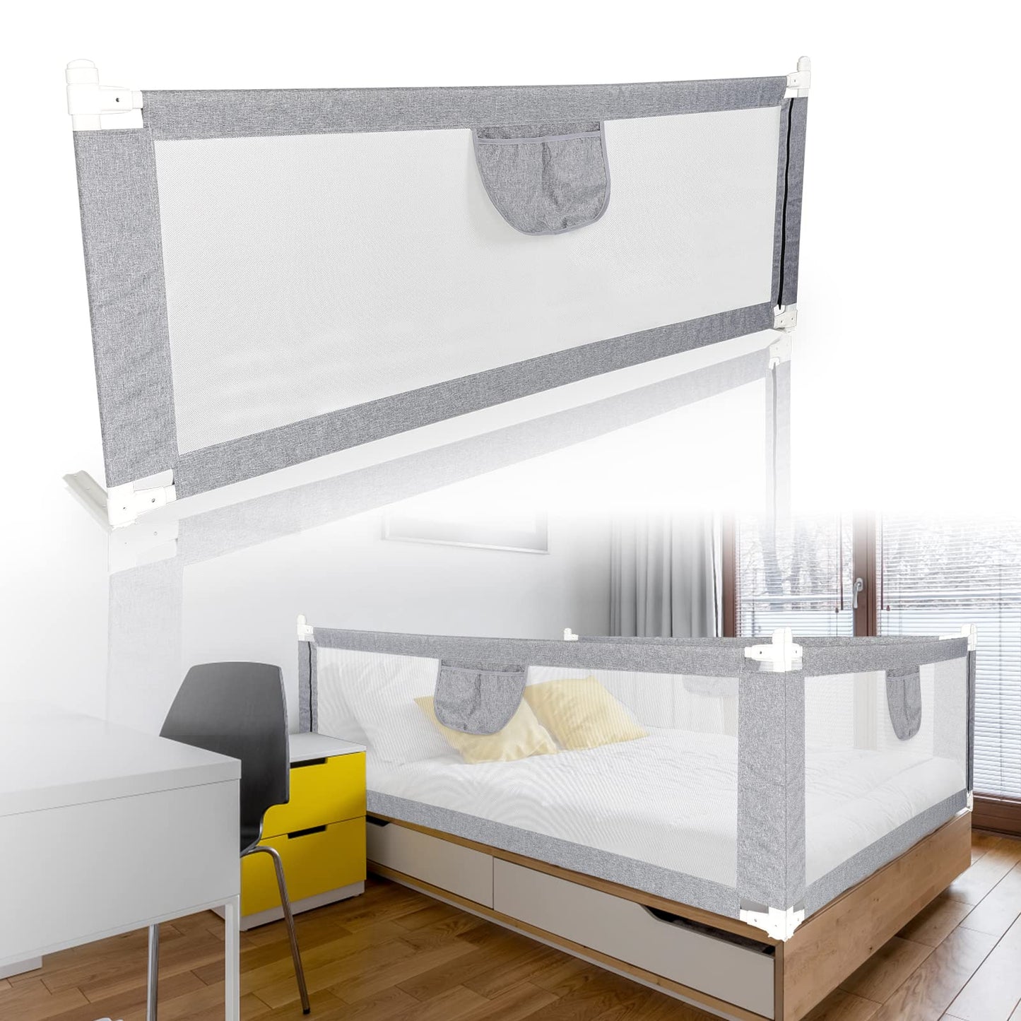 Aopunly bed rail guard 2X 200cm + 1X 180cm, bed rail protector for kids, adjustable height 70-98cm, easy to assemble, crib rail with breathable mesh, Gray.