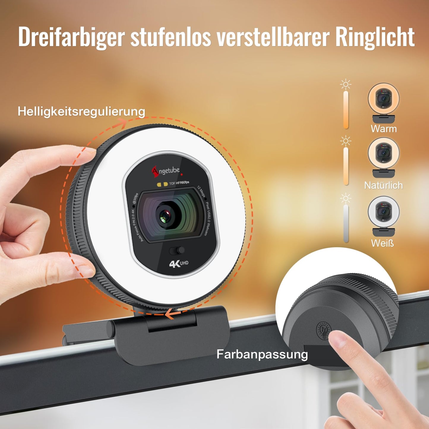 Angetube 4K webcam with light - streaming camera for PC with dual AI noise-cancelling microphone, auto-focus, and built-in privacy cover. USB 1080P 60FPS webcam for laptop and Mac.