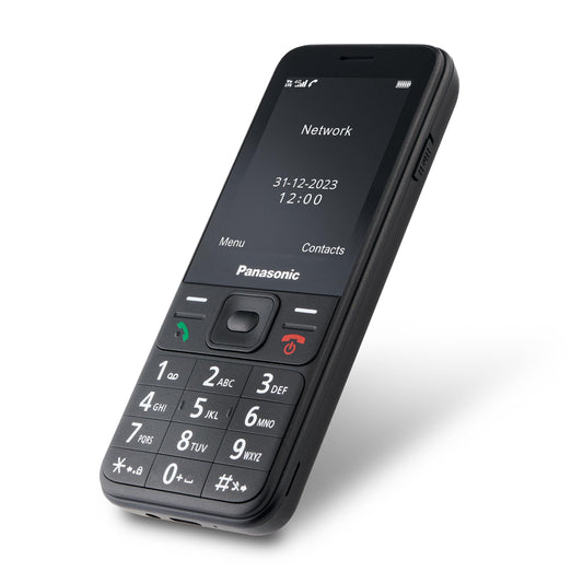Panasonic KX-TF200 mobile phone, 2.4" TFT color LCD, 0.3MP camera, MP3 player and FM radio, 1000mAh Li-ion battery, GSM 900/1800 MHz, compatible with hearing aids, single SIM card, Black.