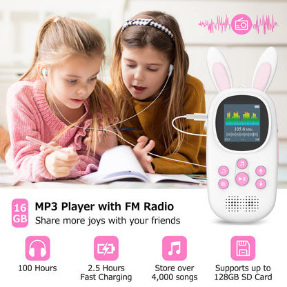 32GB Bluetooth MP3 Player for Kids, Cute Bunny Children's Music MP3 Player with Headphones & Speaker, MP3 Player with FM Radio, Recording, Alarm, Pedometer, Stopwatch, Supports up to 128GB.