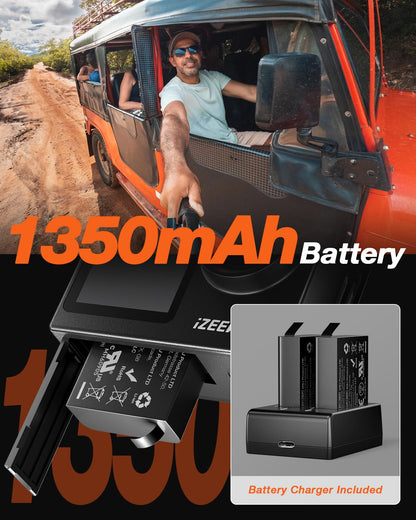 iZEEKER Action Cam 4K 24MP, Waterproof Underwater Camera 40M with EIS, Dual-Screen Camera, Touchscreen, Vlog Camera, Helmet Camera, WiFi, Remote Control, External Microphone, 2X1350mAh Batteries, Accessory Kit.