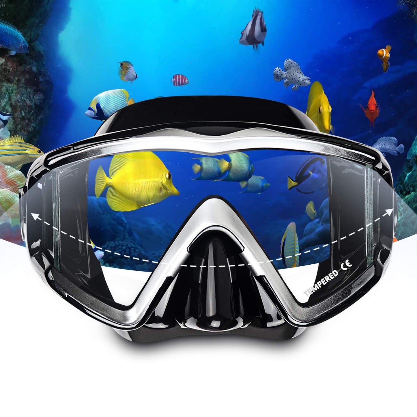 Snorkel diving mask with HD panoramic 3-window view for adults. Anti-fog tempered glass for clear underwater vision. Silicone diving mask for women and youth swimming goggles.