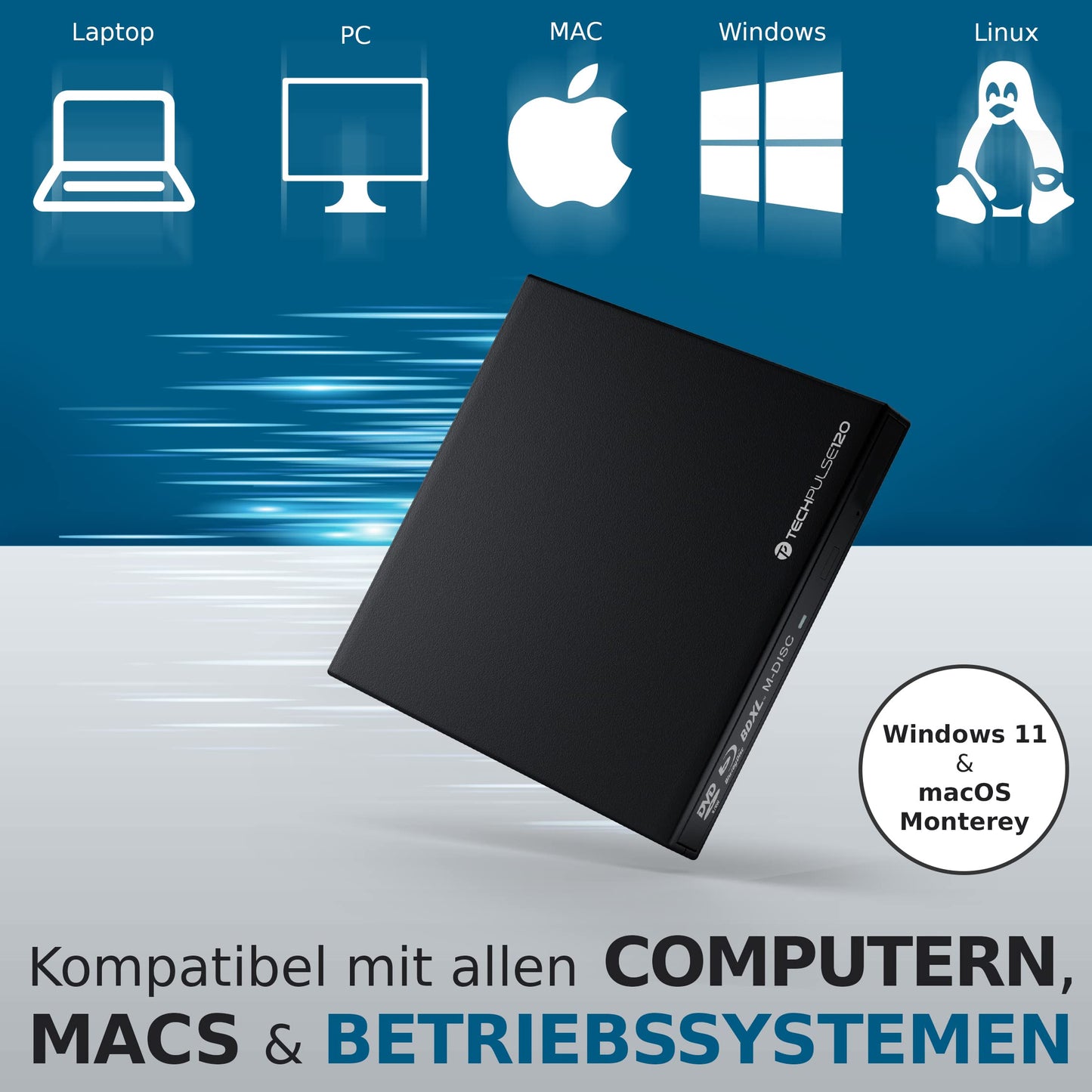 techPulse120 USB 3.0 3D External Blu-Ray Burner Burner M-Disc BDXL Superdrive Blu-ray Rom Drive BD DVD CD Slim for Computer PC Notebook Ultrabook Windows MacOS Apple iMac MacBook Pro Air Black