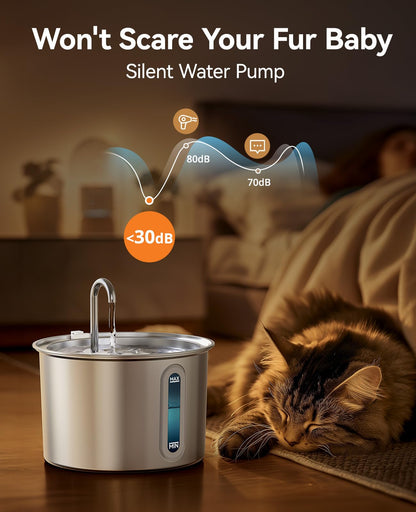 oneisall Cat Fountain Stainless Steel, 2L Drinking Fountain for Cat, Super Quiet Cat Drinking Fountain with Water Level Window, Water Fountain for Cat, 3 Activated Carbon Filters, LED Light, Dishwasher Safe