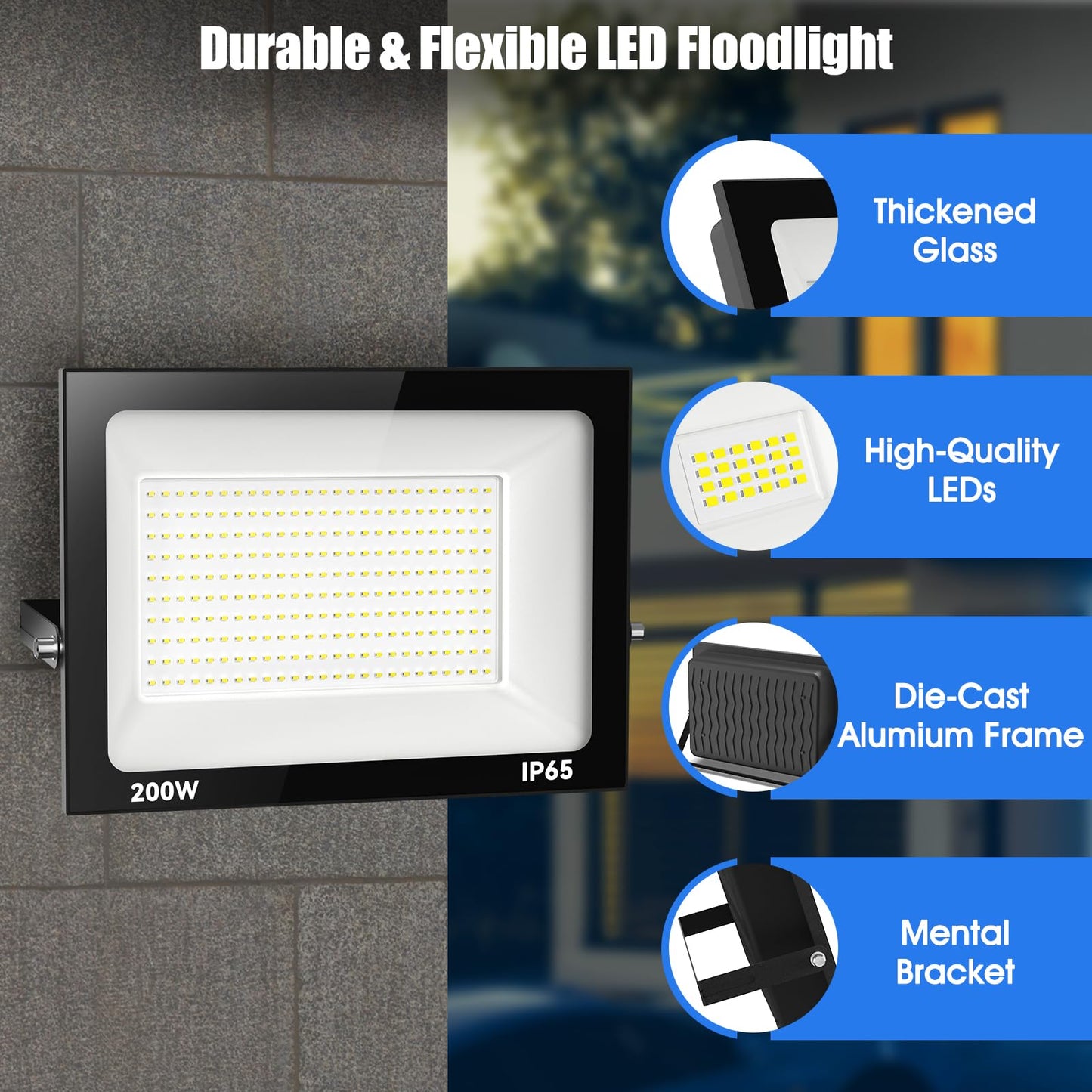 Royana 200W LED Floodlight Outdoor, 20000LM Super Bright LED Floodlight, 3000K Warm White LED Spotlight Outdoor, IP65 Waterproof LED Floodlight for Sports Field, Garage, Garden, Backyard.