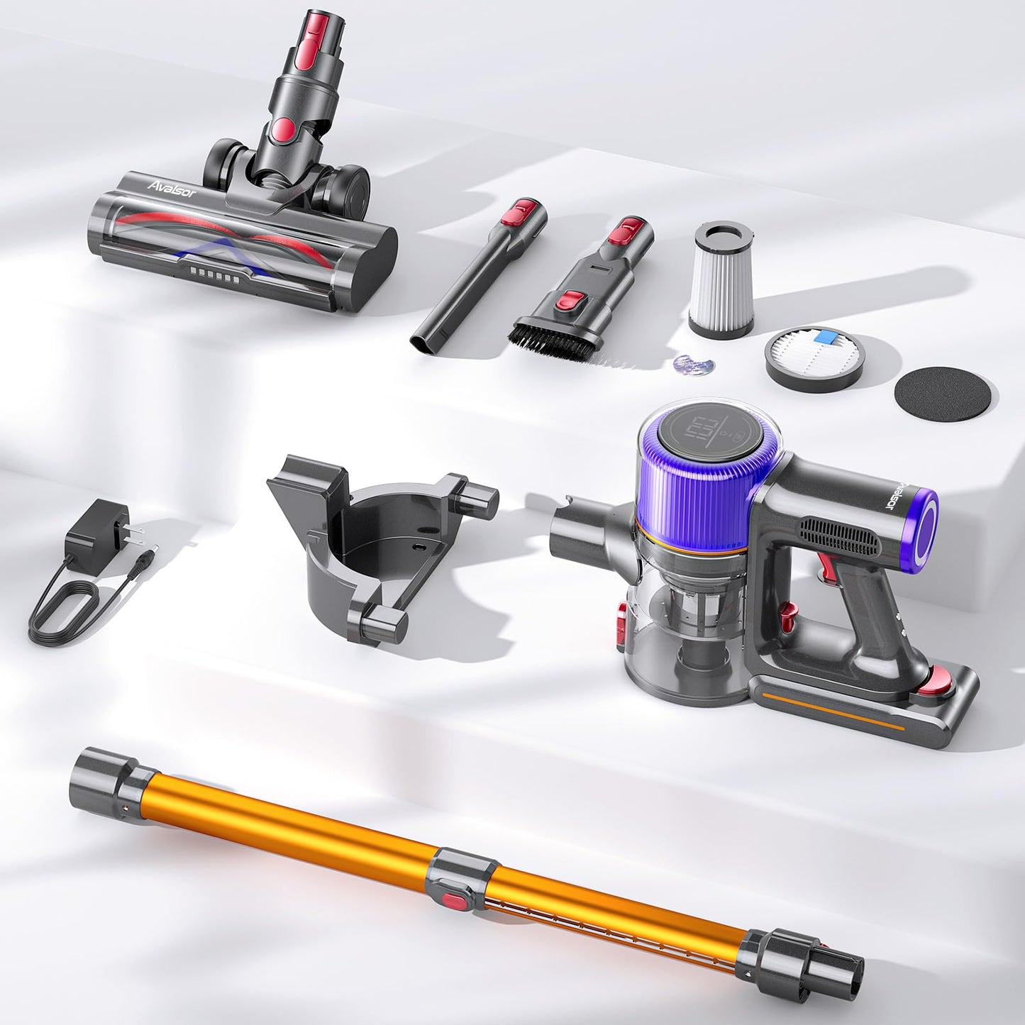 Avalsor 550W/45000Pa/65Mins Battery Vacuum Cleaner, Cordless Vacuum with Touchscreen and Anti-Tangle Brush, 1.5L Dust Container, 9-in-1 for Hard Floors, Carpets, and Pet Hair.