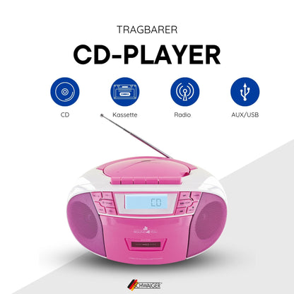 SCHWAIGER 661668- Portable CD Player with cassette and radio, MP3 USB connection, FM radio, AUX, headphones, boombox stereo for home and on the go, mains and battery operation, display