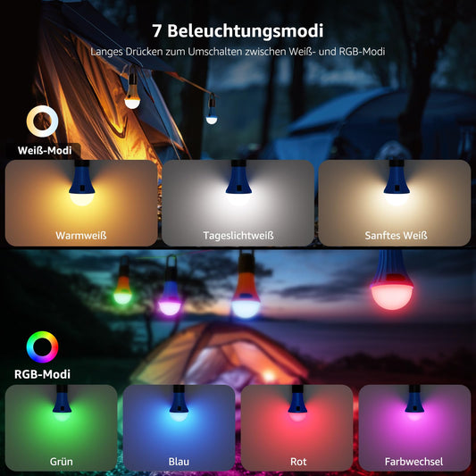 Rechargeable camping lamp, Lepro camping accessory tent lamp bulb emergency light, 7 lighting modes, 2 pieces for camping adventure fishing garage emergency power outage
