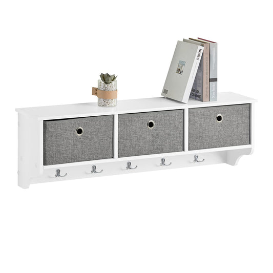 SoBuy wall coat rack hallway coat rack coat hooks wall shelf with 3 baskets and 5 hooks, wardrobe rail, hanging shelf for hallway, bedroom, bathroom, white dimensions approx. 100x31x20cm, FRG282-W