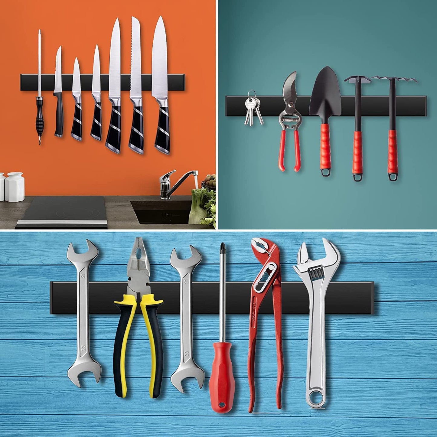 Trhillsbrad 16 inch Magnetic Knife Strip, Stainless Steel Knife Holder with 2 Hooks, Self Adhesive Black Magnetic Knife Rack, Wall Mounted Knife Holder without Drilling for Kitchen Knives.