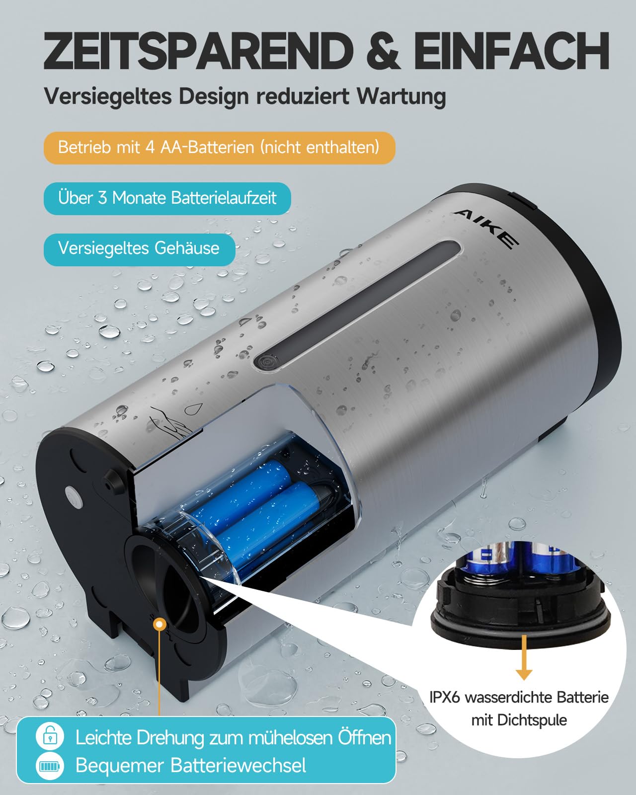 AIKE AK1205E Automatic Soap Dispenser Wall Mount, Commercial Large Capacity Stainless Steel Liquid Dispenser for Dining Room and Restroom.