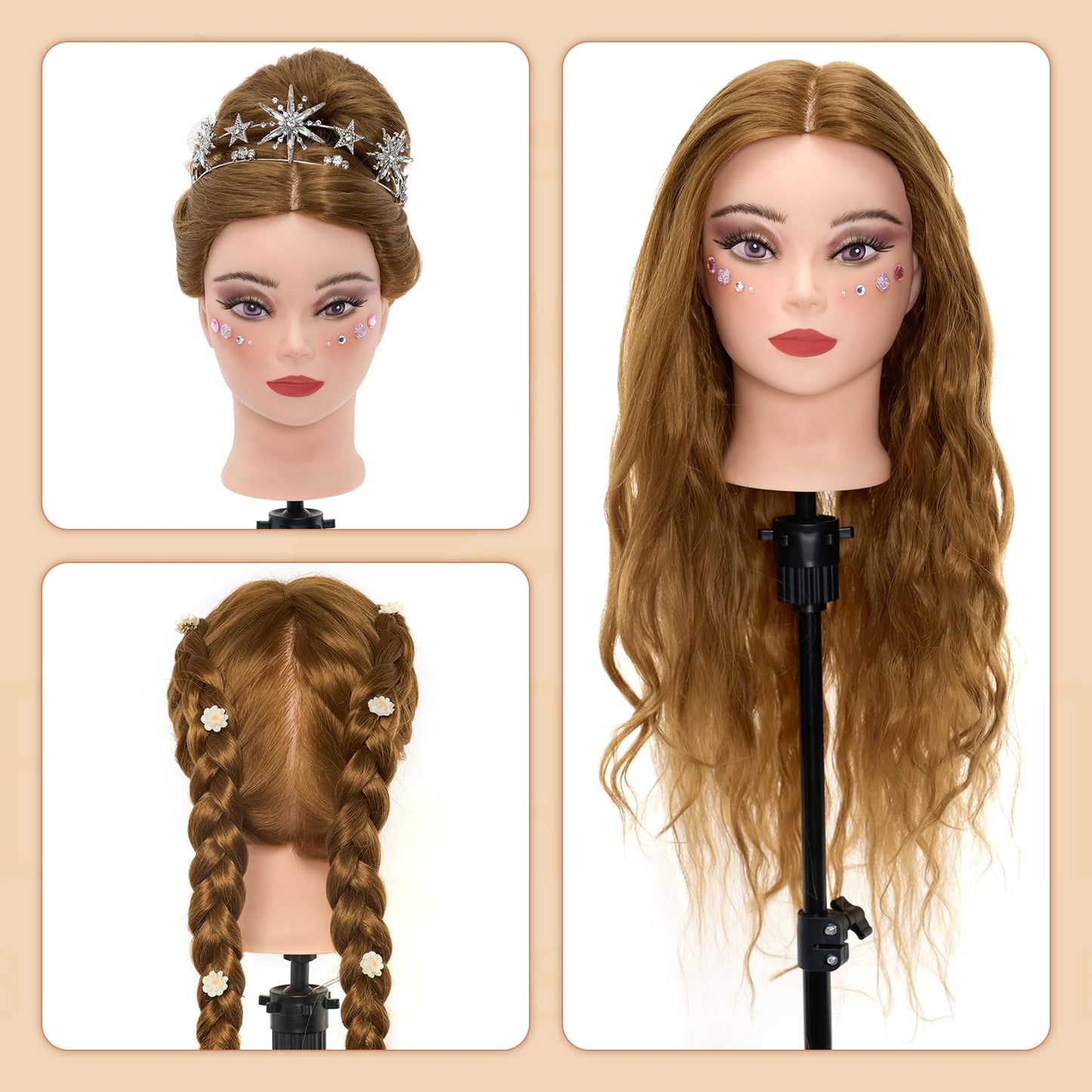 Neverland Beauty 71 cm training head with 60% real hair, barber mannequin head, cosmetology doll head with table clamp and hairdressing tool set, straight, human hair, sew-in gold.
