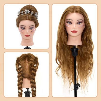 Neverland Beauty 71 cm training head with 60% real hair, barber mannequin head, cosmetology doll head with table clamp and hairdressing tool set, straight, human hair, sew-in gold.