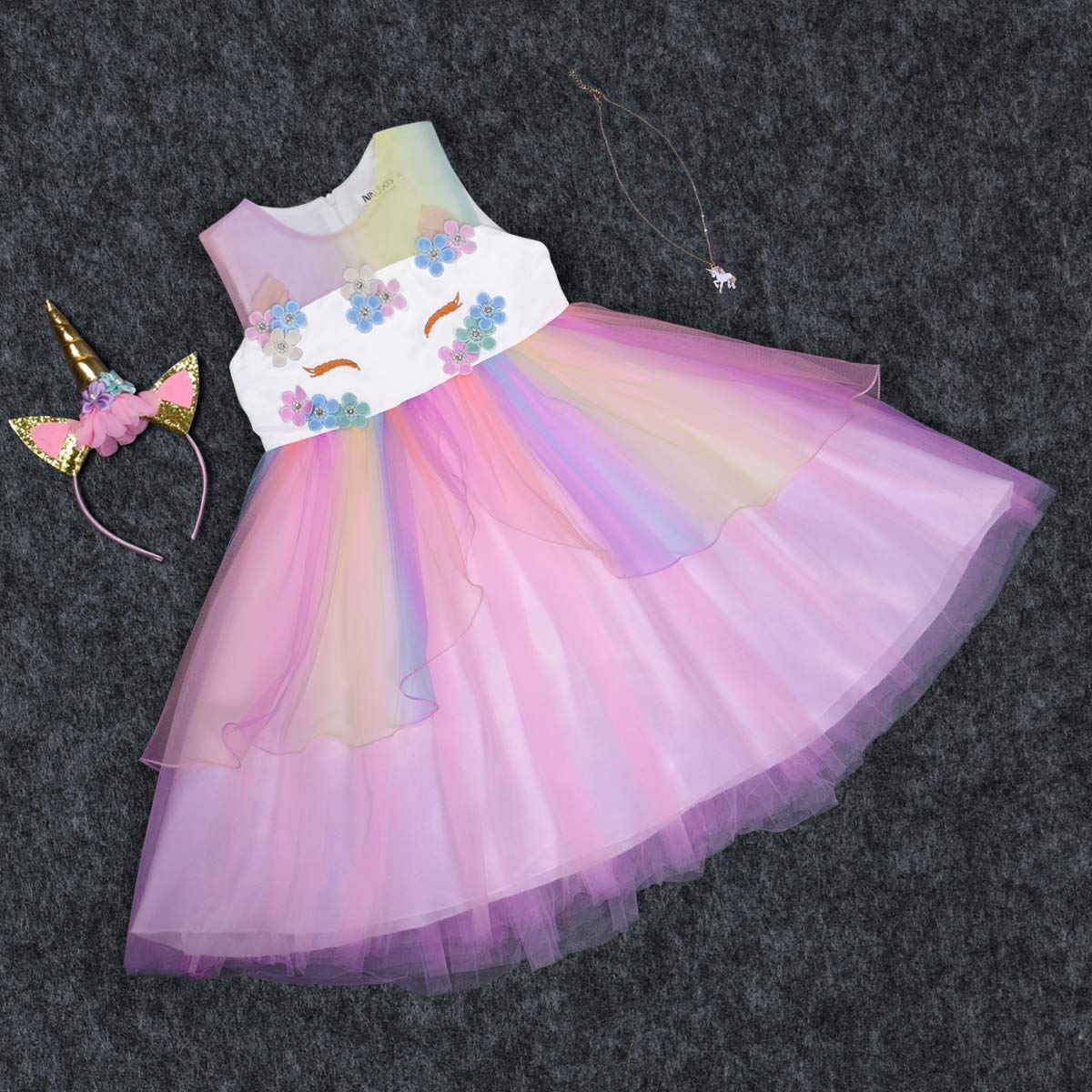 URAQT Kids Unicorn Costume Dress, Girls Unicorn Skirt, Flower Girls Sleeveless Party Dress, Birthday Dress Fancy Dress, Carnival Costume with Unicorn Outfit Set, 110cm (Pink-B)