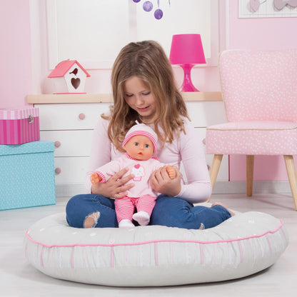 Baby doll First Words with sleeping eyes, speaks 24 baby sounds, comes with pacifier and bottle, 38 cm, pink/stripes.