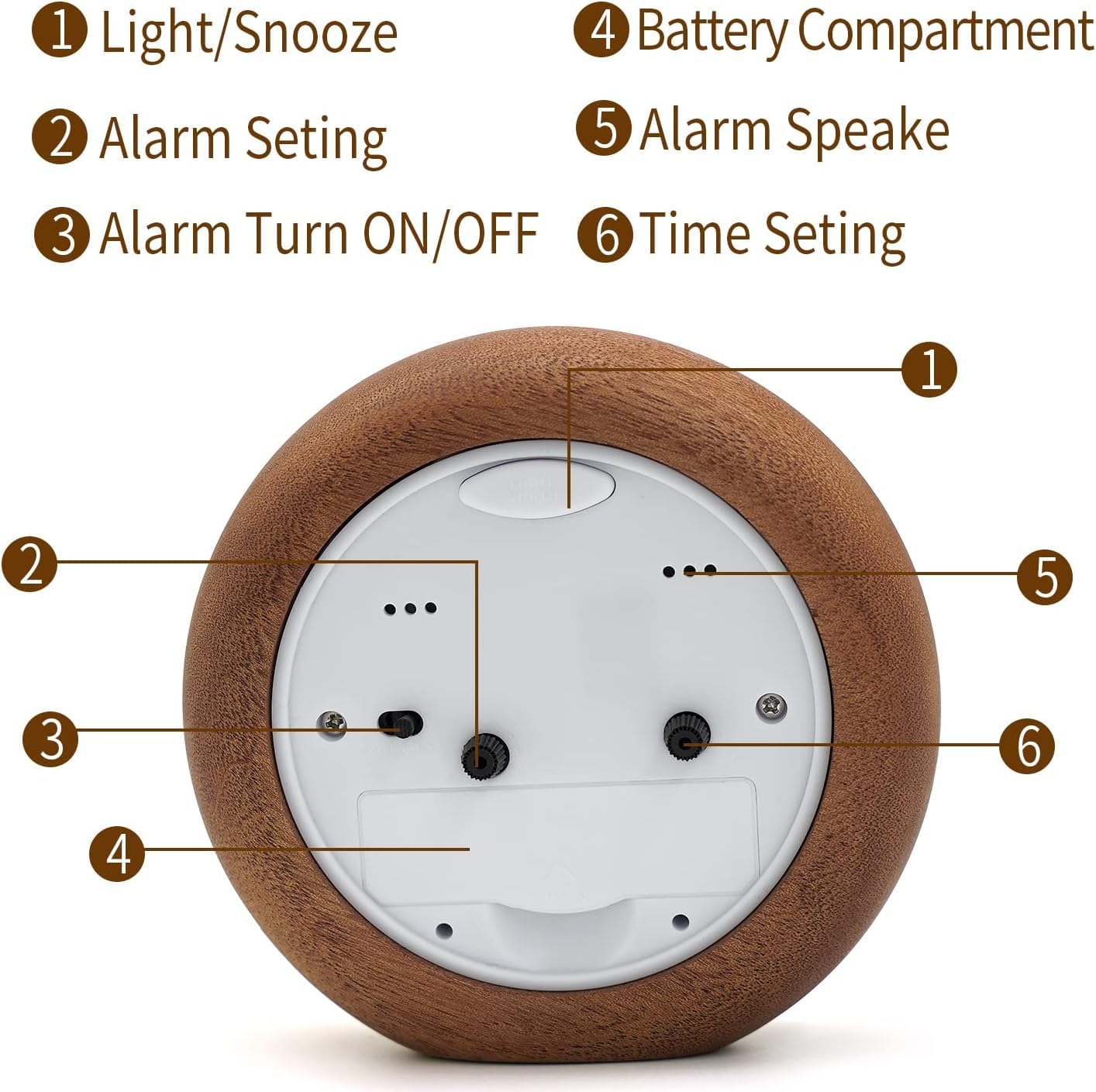 Analog alarm clock without ticking, wooden alarm clock with snooze, retro table clock battery-operated with night light for bedroom, study, office, children's room - Sapele [1 x AA battery required]