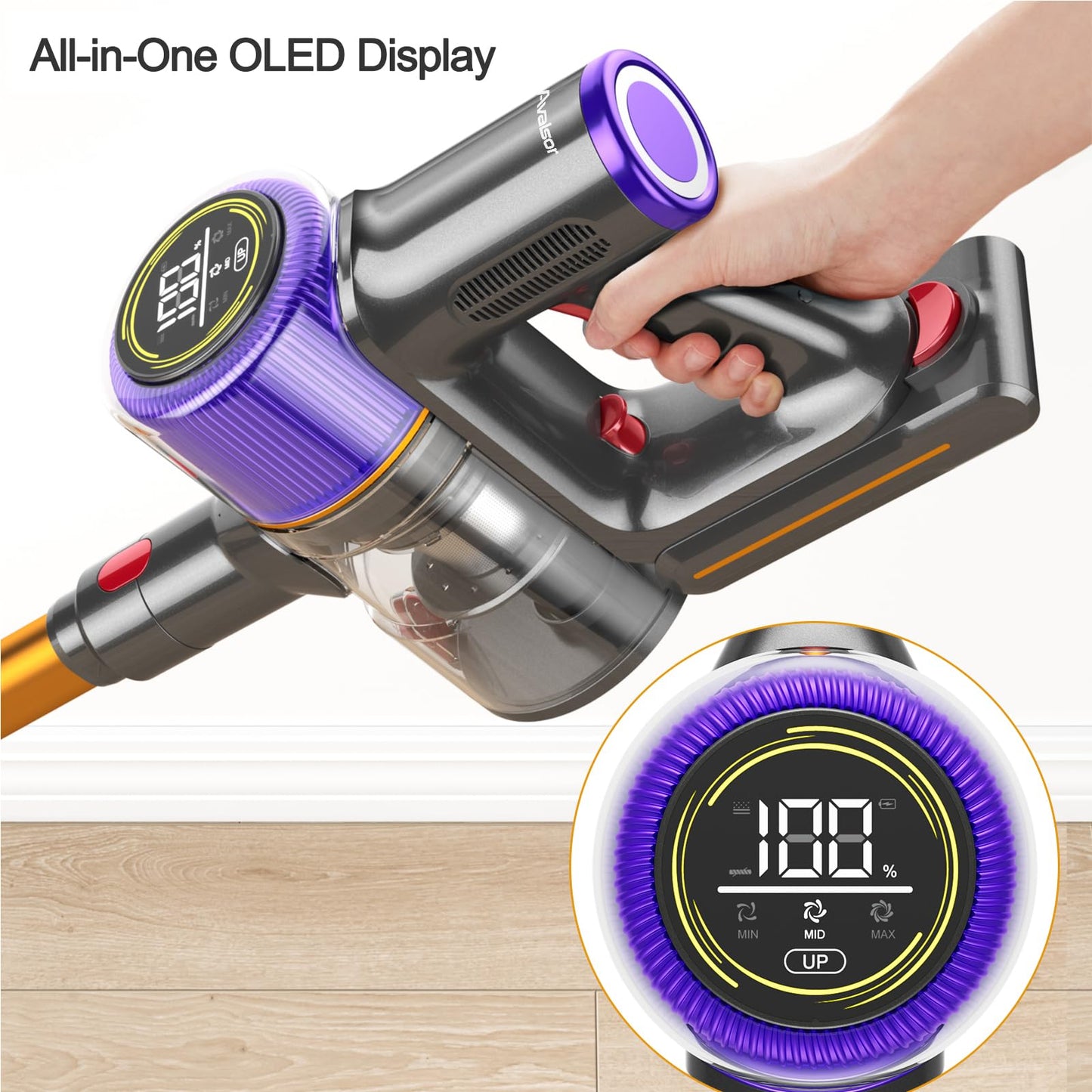 Avalsor 550W/45000Pa/65Mins Battery Vacuum Cleaner, Cordless Vacuum with Touchscreen and Anti-Tangle Brush, 1.5L Dust Container, 9-in-1 for Hard Floors, Carpets, and Pet Hair.