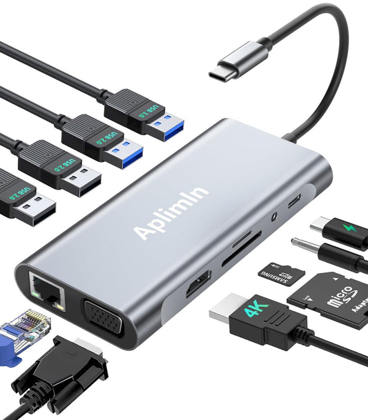 11-in-1 USB C Multiport Adapter with Ethernet LAN Network Adapter, 4K HDMI VGA Adapter, USB 3.0 & 2.0 Ports, SD/TF Card Reader, 3.5mm AUX, USB C Docking Station for MacBook Pro/Air Laptops.