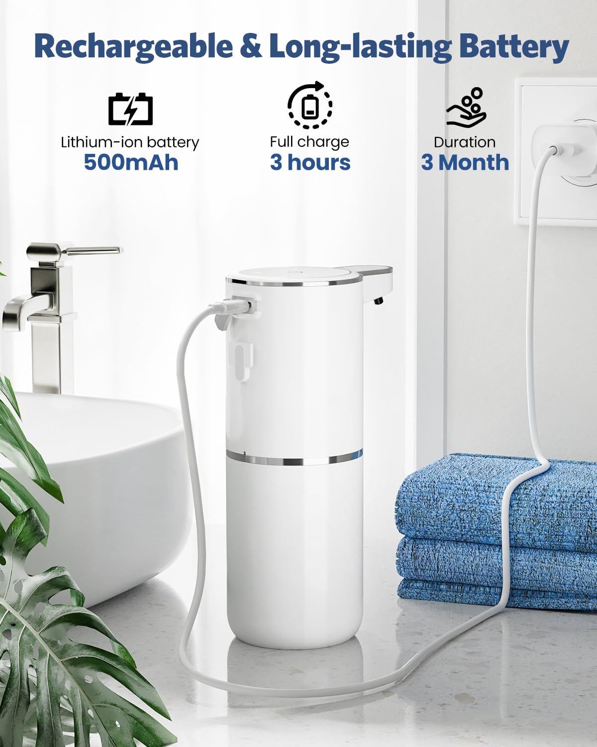 HAPPHOOH Automatic Soap Dispenser Wall-Mounted Touchless Foaming Soap Dispenser with 4 Adjustable Levels, USB Rechargeable Electric Soap Dispenser Sensor 380ml for Bathroom/Kitchen.