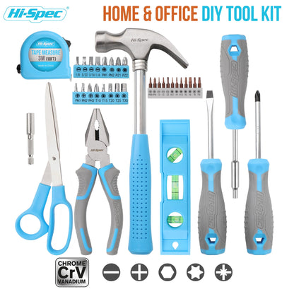 Hi-Spec toolset. Small toolbox filled with blue tools and screwdriver bit set for repairs.