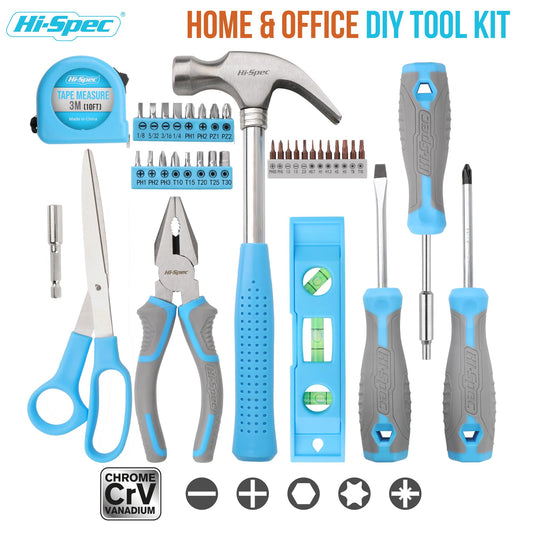 Hi-Spec toolset. Small toolbox filled with blue tools and screwdriver bit set for repairs.
