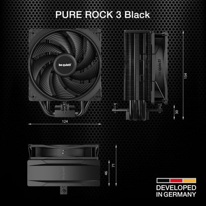 be quiet! Pure Rock 3 Black air cooler, very high cooling performance, 4 high-performance heat pipes with HDT technology, optimized Pure Wings 3 120mm PWM fan, pre-installed mounting bracket.