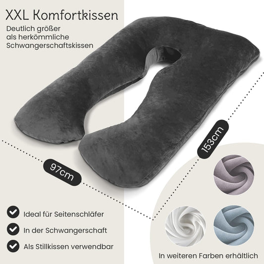 ELONEO Pregnancy Pillow XXL, Side Sleeper Pillow with Cover, Pregnancy Pillow in U shape, Nursing Pillow with soft, removable and washable cover, gray