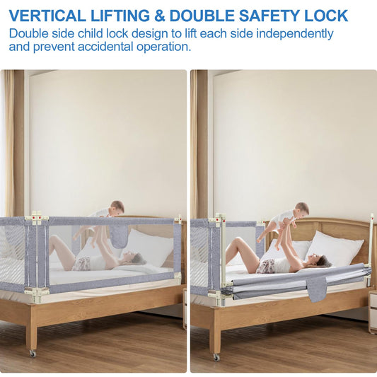 Ikodom 200cm bed rail for kids, adjustable in height from 64-96cm, bed guard rail, child bed rail, baby bed guard safe, easy to install, gray.