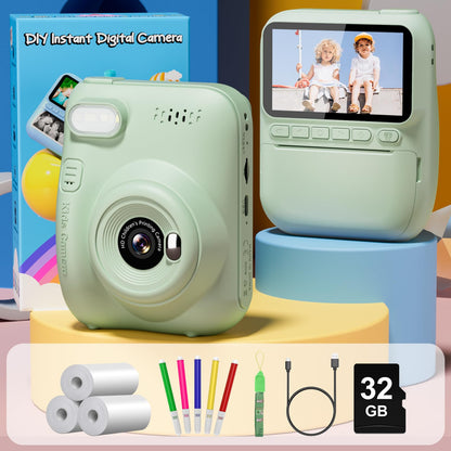 Gofunly instant camera for kids, 3.0 inch screen children's camera with 32GB card & printing paper, 14MP/1080P kids instant print camera, gift for 3-12 years old (Green)