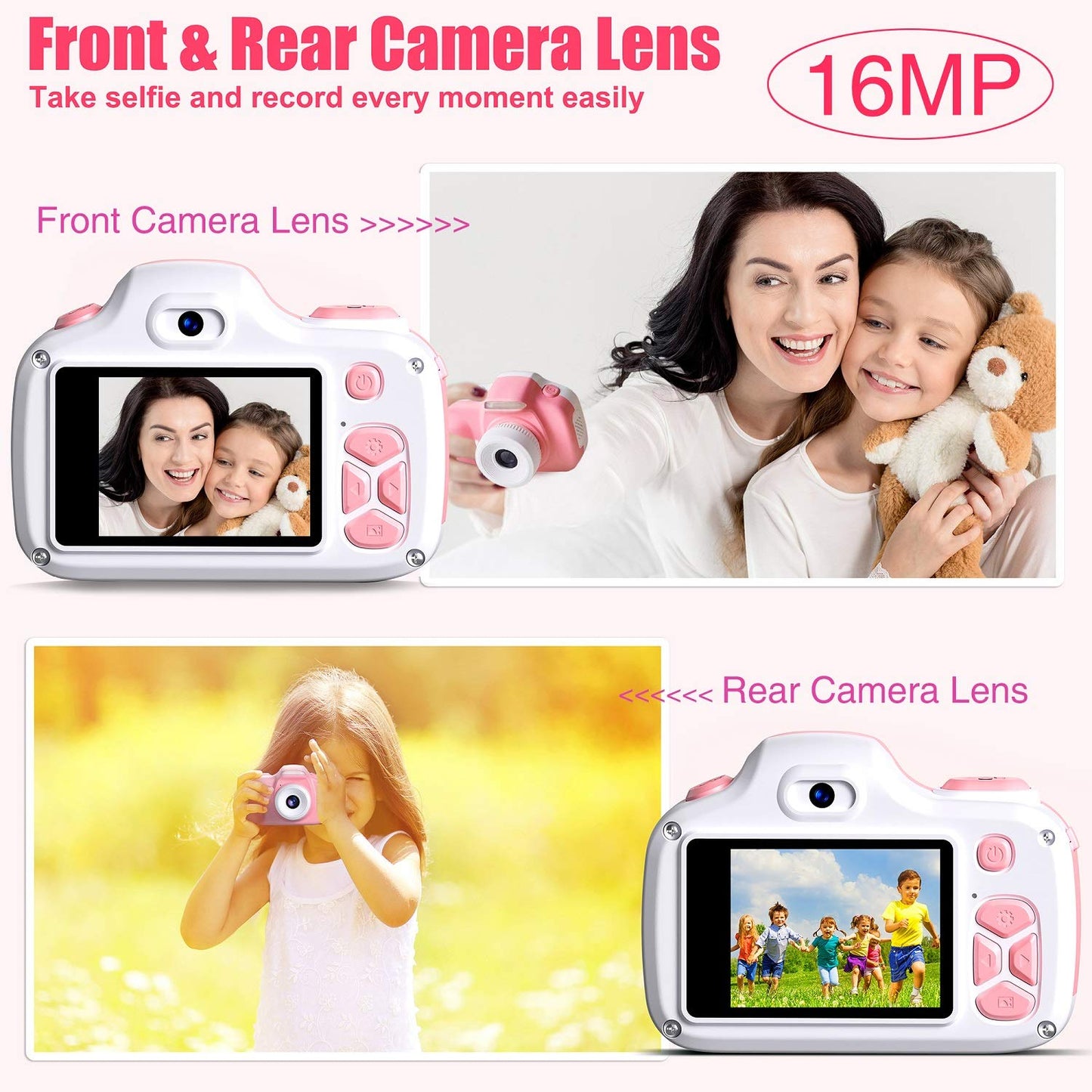 Kriogor Kids Camera, Digital Photo Camera Selfie and Video Camera with 16MP/Dual Lens/2 Inch Screen/1080P HD/32G TF Card/9x Digital Zoom, Birthday Gift for Kids (Pink)