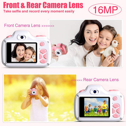 Kriogor Kids Camera, Digital Photo Camera Selfie and Video Camera with 16MP/Dual Lens/2 Inch Screen/1080P HD/32G TF Card/9x Digital Zoom, Birthday Gift for Kids (Pink)