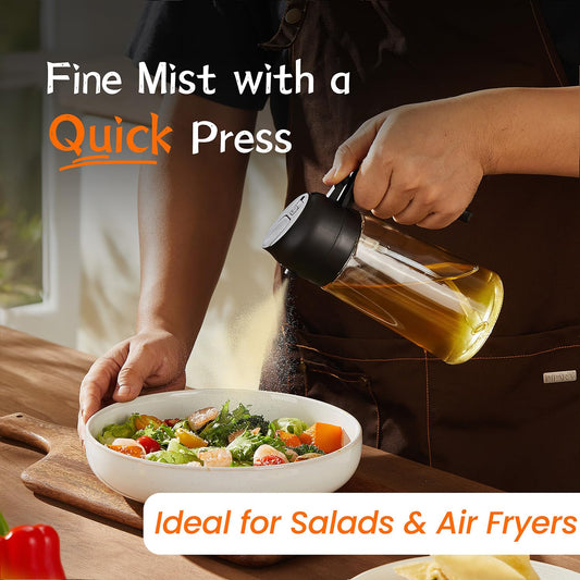 TrendPlain 16oz oil sprayer for cooking oil - 470ml olive oil bottle - 2-in-1 oil dispenser and oil sprayer - kitchen gadgets for cooking, salads, and grilling in black & green.