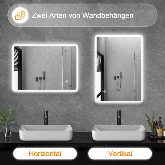 Goezes LED bathroom mirror with lighting 40x60cm, 60x40cm bathroom mirror 3 light colors Dimmable 3000-6500K, Bathroom mirror with light, Makeup mirror with touch switch.