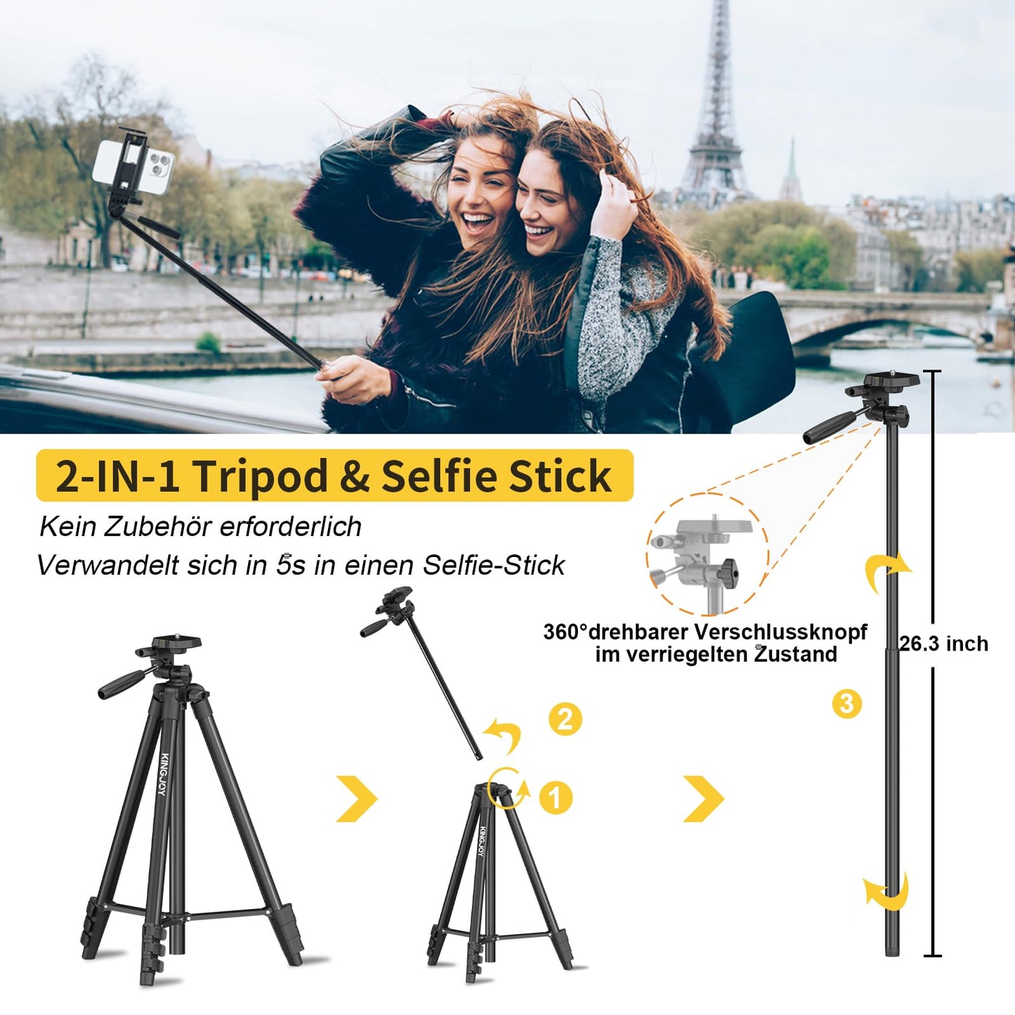 KINGJOY Cell Phone Camera Tripod 71" Lightweight Phone Tripod with Remote Shutter, 360° Rotation Portable Tripod with Tablet Phone Holder for Canon Nikon Action Camera