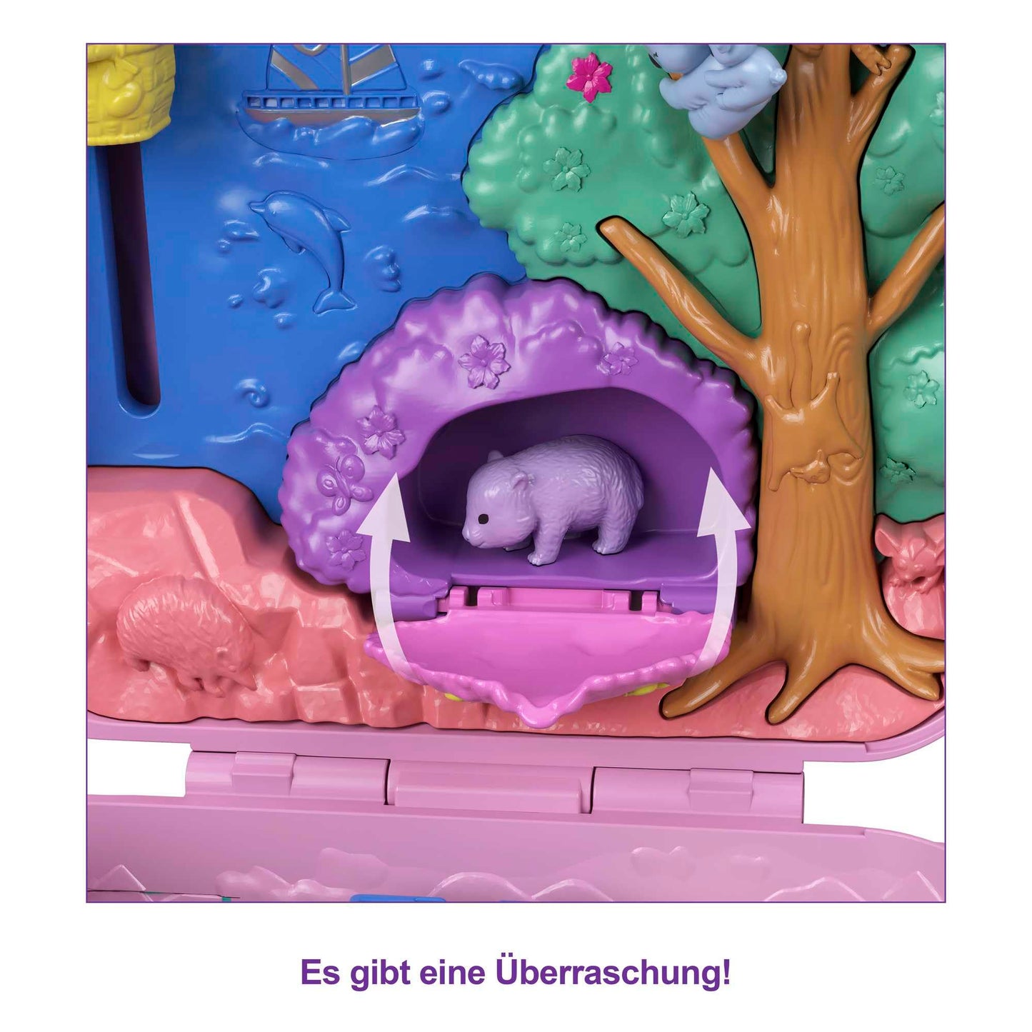 Polly Pocket carrying case, Koala Bear in animal adventure theme, includes 2 dolls, 5 animals, and 1 car, interactive features for immersive play, toy for ages 4 and up, GXC95.