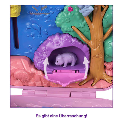 Polly Pocket carrying case, Koala Bear in animal adventure theme, includes 2 dolls, 5 animals, and 1 car, interactive features for immersive play, toy for ages 4 and up, GXC95.