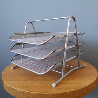 D.RECT 110486 Metal Storage Trays Stackable - Office Desk Organizer - Desk Tray - 3 Drawers Letter Tray Document Tray A4 Organizer Mesh - Paper Tray Silver File Tray