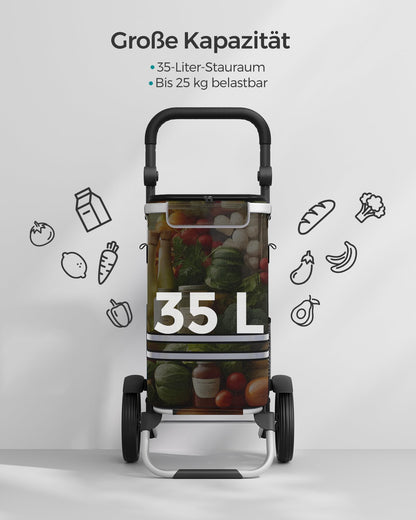 SONGMICS shopping trolley, cart, shopping cart with cooler compartment, large, 35 liters, foldable, shopping bag with wheels, detachable bag, black KST03BK