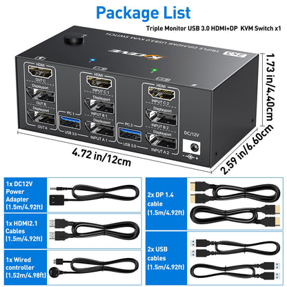 KCEVE KVM switch for 2 computers and 3 monitors, USB 3.0 KVM switch HDMI + DisplayPort, 8K@60Hz/4k@144Hz triple monitor KVM switch for 2 computers, 3 displays, and 4 USB 3.0 devices.